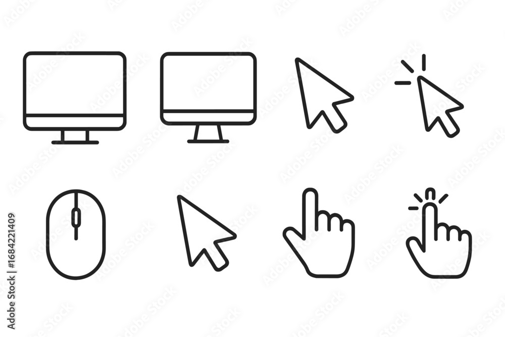 Fototapete computer monitor, mouse, and cursor pointer line icon set. click hand and arrow symbols for web desi