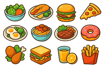 Food icons set. Cute cartoon vector illustration collection of meals. Healthy and fast food. Burger, pizza, salad, salmon, steak, donut. Nutrition and diet concept elements.