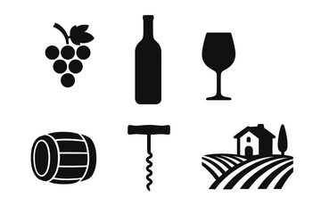 Wine icon set silhouette. Winemaking vector collection. Grapes, wine bottle, wineglass, barrel, corkscrew, vineyard. Drink, alcohol, bar, winery, menu, logo element.