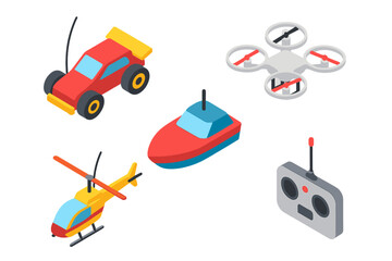 Remote Control Icon Set. Isometric RC toy vehicles. Radio controlled car, drone, quadcopter, boat, helicopter. Controller joystick. Hobby leisure activity. Vector flat icons.