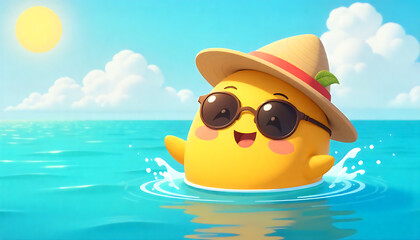 Cute Yellow Duck Wearing Straw Hat and Sunglasses Swimming in Bright Blue Ocean Under Sunny Sky