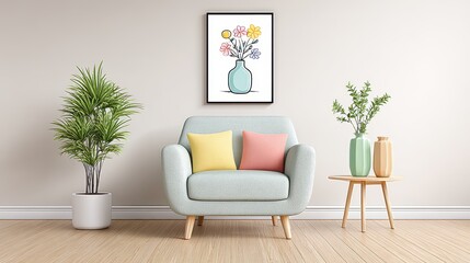 Pastel Floral Artwork on Teal Armchair in Minimalist Room