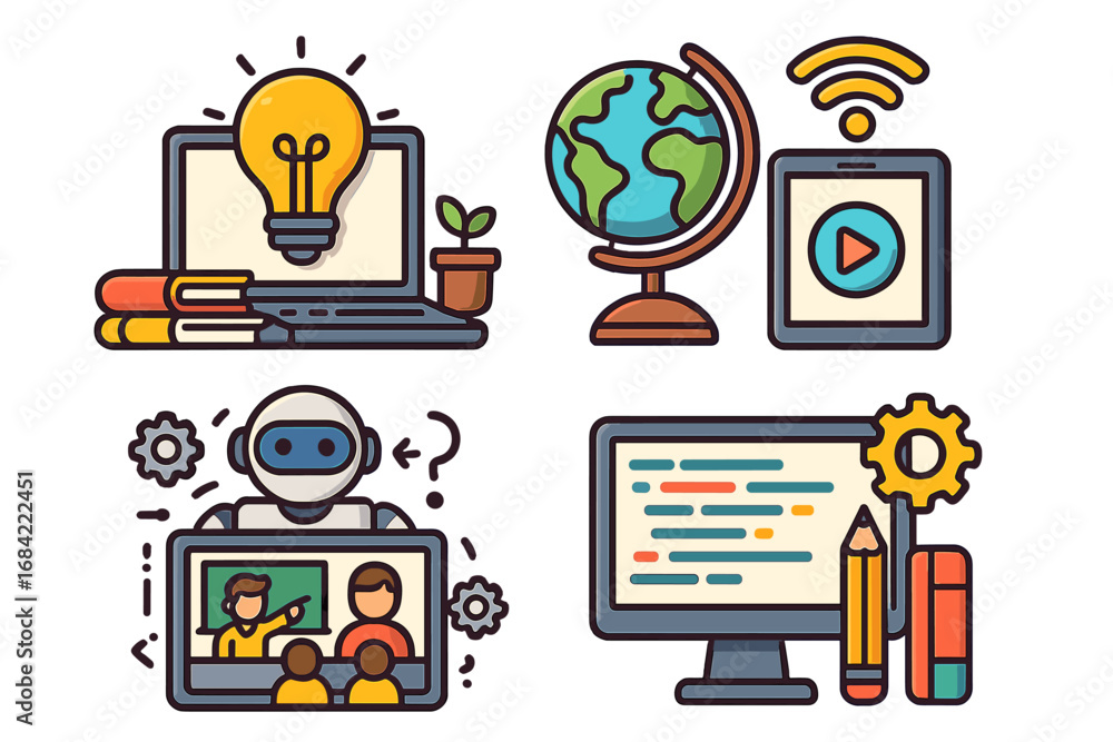 Aufkleber e-learning and technology icon set. online education, ai robot tutor, coding, and global connection 