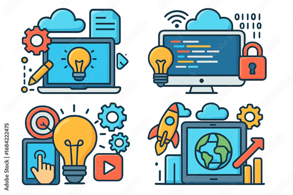 Poster technology vector icon set for business startup, programming, and marketing. creative idea lightbulb