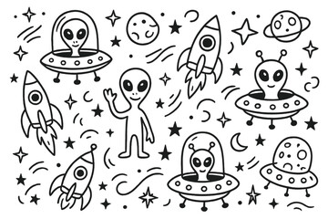 Space doodle set with cute aliens, UFOs, rockets, planets and stars. Hand drawn cartoon vector illustration. Galaxy cosmic characters and spaceships for kids design.