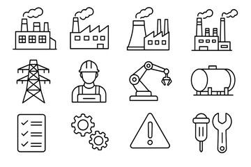 Industrial line icon set. Factory, manufacturing, and power plant symbols. Vector outline signs for web and apps. Worker, robotic arm, automation, energy, and tools pictograms.