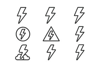 Lightning bolt line icon collection. Editable stroke. Thunder and electricity symbol set. Power, energy, flash and charge concept. Danger warning sign. Storm weather vector.