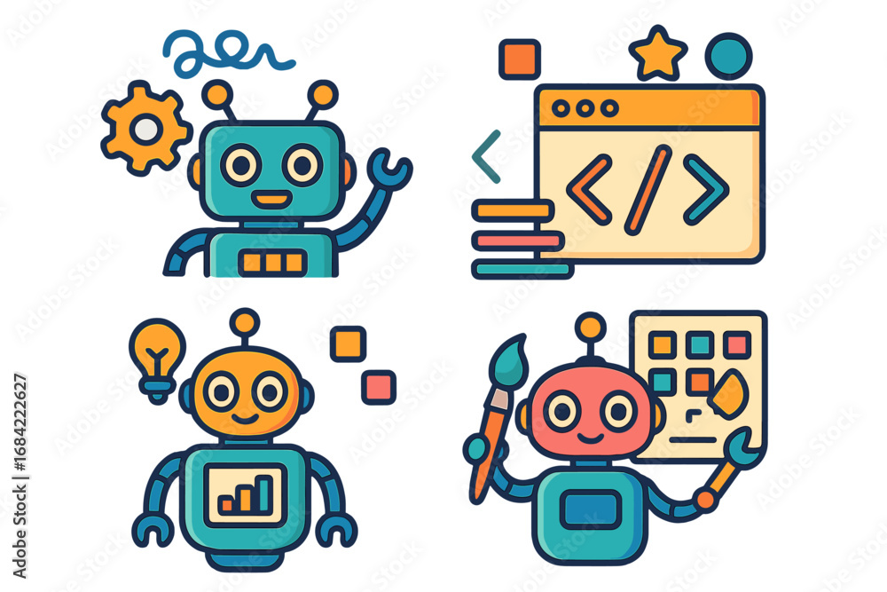 Fototapete colorful robot icon set showing technology and creativity. vector illustrations of ai, coding, web d