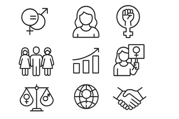 Gender equality and feminism line icon set. Concepts of women empowerment, female rights, diversity, and social justice. Vector icons for protest, unity, and equal opportunity.