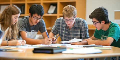 A group of students solving math problems together in a study group