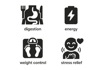 Mindful Eating Benefits Icons Set, Solid Filled Vector Illustrations for Digestion, Energy, Weight Control, Mood Enhancement, Stress Relief, Healthy Lifestyle Symbols