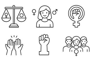 Gender equality and feminism line icon set. Symbols of women's rights, female empowerment, protest, and solidarity. Vector icons of justice scales, power fist, gender signs.