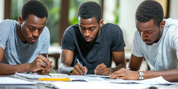 A group of students solving math problems together in a study group
