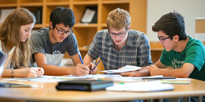 A group of students solving math problems together in a study group