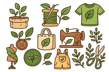 Sustainable fashion icon set. Eco-friendly clothing, slow fashion concept. Natural, organic textile and sewing elements. Handmade craft vector cartoon illustration collection.