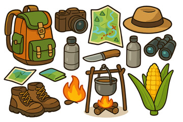 Travel and Adventure Essentials with Hiking Gear, Camping Equipment, Exploration Tools, Food Supplies, and Outdoor Accessories in a Colorful Vector Cartoon Illustration