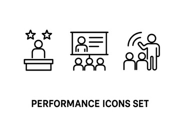 Performance icons set. Vector outline pictograms for business concepts like presentation, public speaking, assessment, and training. Speaker at podium, webinar screen, audience.
