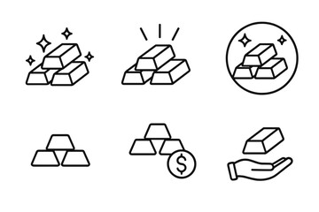 Gold bar line icon set. Bullion and ingot symbols for finance, banking, and investment. Vector illustration of wealth, treasure, and savings. Editable stroke icons.