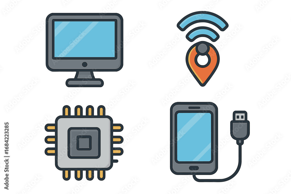Poster technology icon set. vector cartoon illustration of computer monitor, mobile phone with usb cable, c