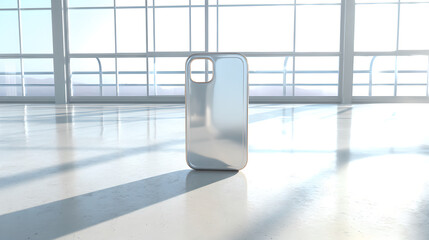 Smartphone case standing vertically on a sunlit polished floor in a modern, open room.
