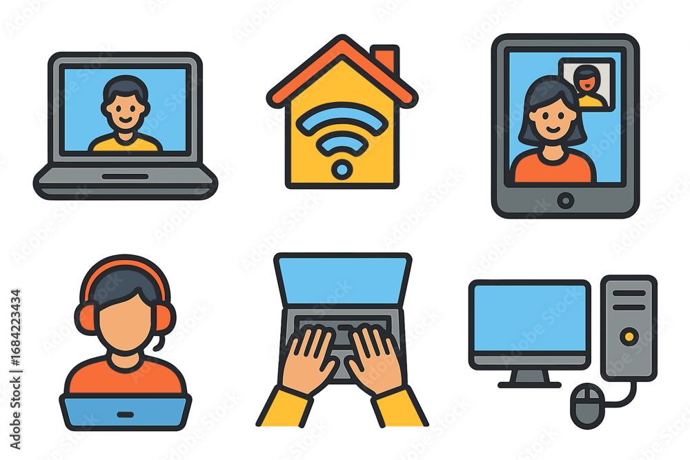 Poster remote work icon set. work from home concept. virtual interaction and communication technology. mode