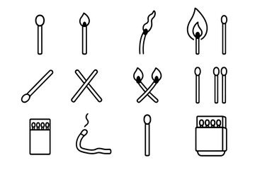Obraz premium Matchstick icon set. Minimalistic line art collection of burning matches, flame, and matchbox. Vector symbols for web, graphic design, apps. Safety, danger, ignition concept.