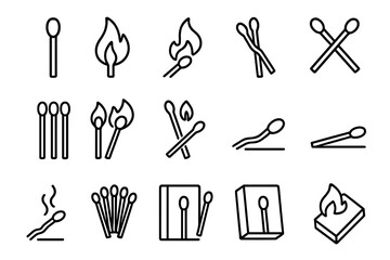Matchstick line icon set. Vector collection of burning match, open matchbox, flame, and fire symbols. Minimalistic outline graphic elements for web and app design.