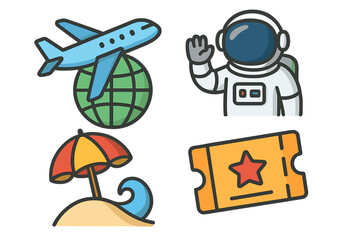 Set of cartoon travel and leisure icons. Globe with airplane, astronaut, beach vacation, and event ticket. Vector concepts for world travel, space exploration, summer holiday.