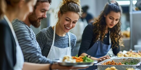 A group of volunteers serving food at a homeless shelter