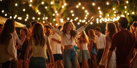 A group of young adults dancing at an outdoor festival under string lights