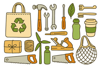 Practical tools and sustainable eco-friendly items for green living and DIY projects, reusable supplies, hand tools, zero waste lifestyle, environmental conservation vector set