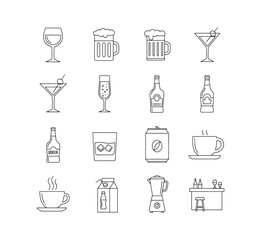 16 black icons on a white background for Drink & Alcohol
