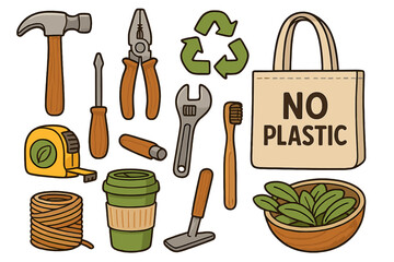Practical Eco-Friendly Tools and Sustainable Household Items for DIY Projects and Green Living, Reusable Accessories, No Plastic, Recycling Concept, Cartoon Vector Illustration