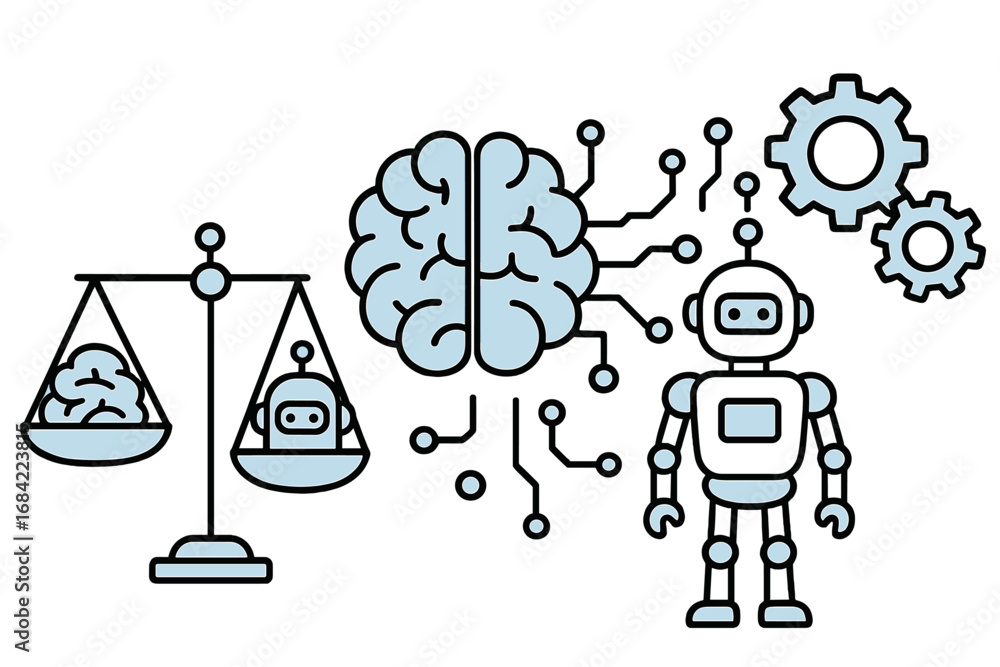 Poster artificial intelligence concept. robot vs human brain on scales. ai ethics, machine learning, and fu