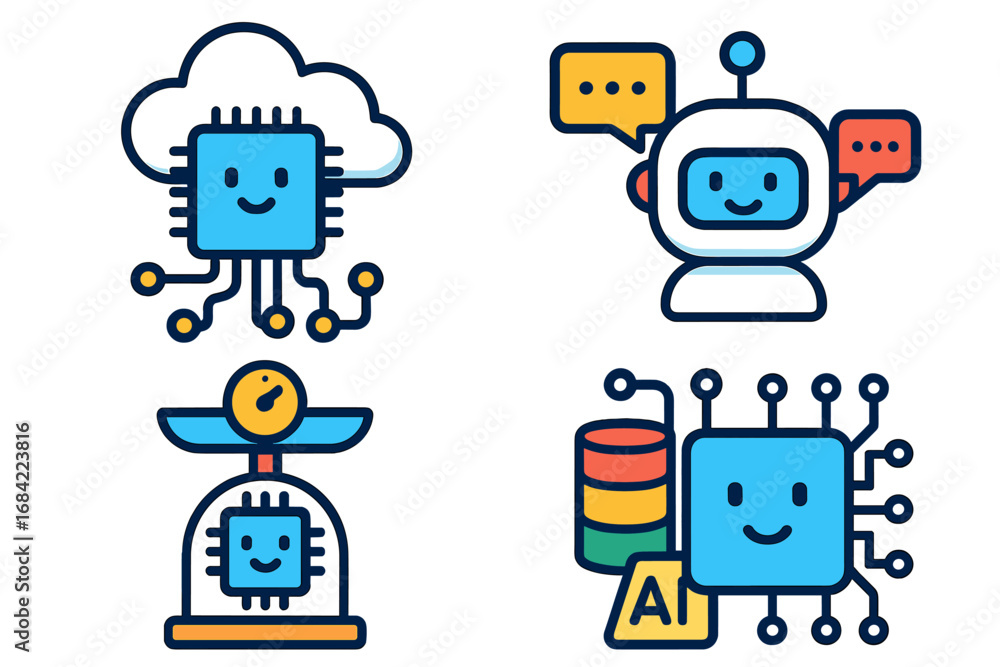 Poster set of artificial intelligence icons. cute cartoon vector illustrations of a chatbot, cloud computin