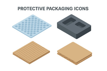 Isometric Protective Packaging Icons Set with Bubble Wrap, Foam Insert, Corrugated Cardboard Sheets Vector Illustration for Shipping and Packaging Design