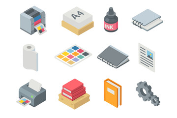 Printing and Publishing Isometric Icons Set - 3D Industrial Paper Processing and Printing Symbols, Color Charts, Ink Bottles, Notebooks, Books, and Document Graphics on Transparent Background