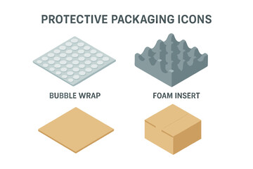 Isometric Flat Icon Set of Protective Packaging Materials Including Bubble Wrap Sheet, Foam Insert, Corrugated Cardboard Box, Vector Illustration on Transparent Background