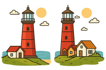 Red Lighthouses by the Shore with Small Coastal Houses and Clear Sky, Vector Cartoon Illustration, Seaside Landscape, Nautical Theme with Green Grass and Sunny Weather, Transparent Background