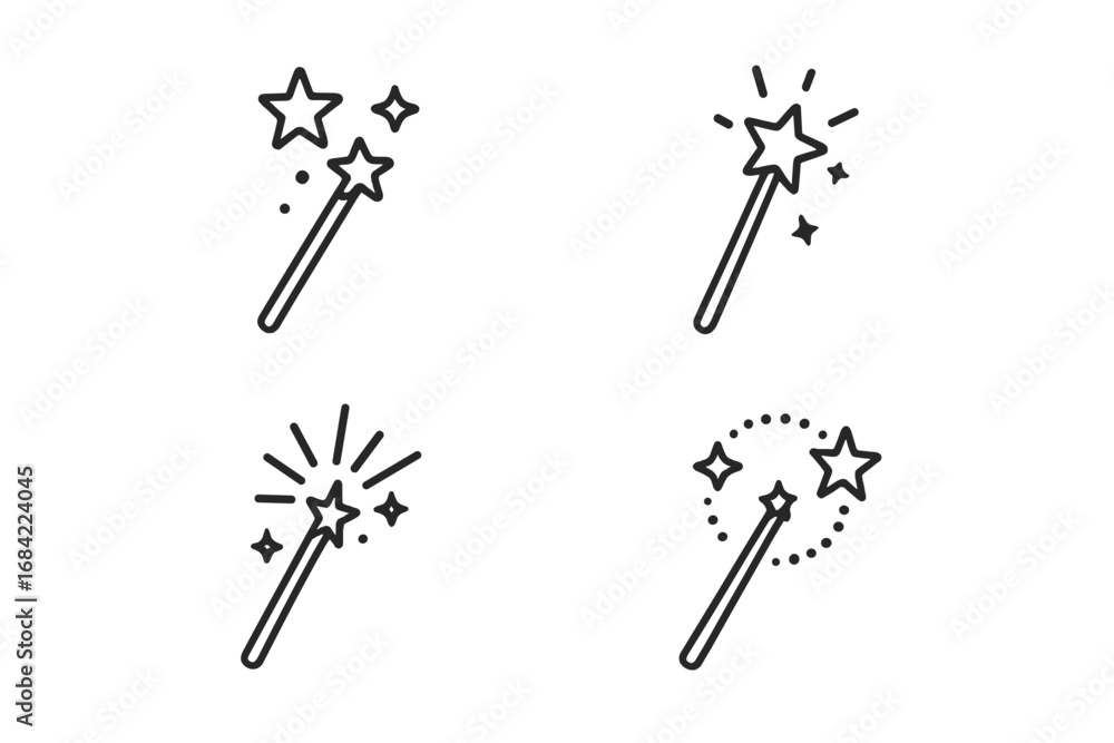 Poster magic wand thin line icon set. wizard stick with stars and sparkles. vector outline pictogram collec