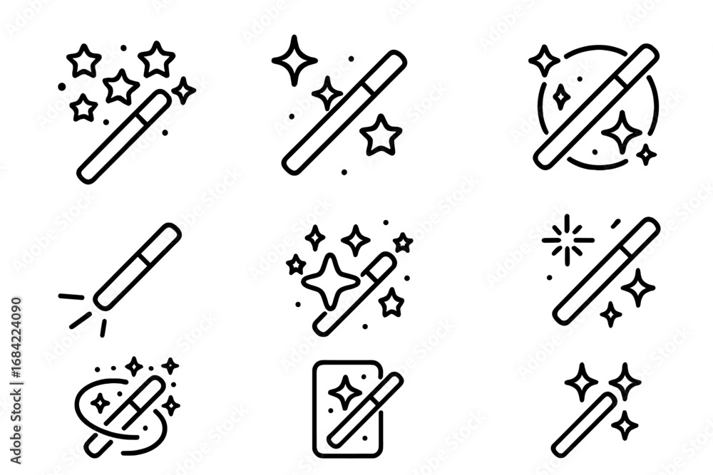 Poster magic wand line icon set with editable stroke. vector symbols of wizardry, fantasy, and magical effe