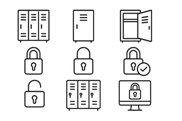 Locker and security line icon set. Padlock, gym storage, school cabinet, and cybersecurity symbols. Vector icons for data protection, privacy, and secure access. Editable stroke.