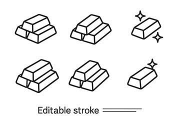 Gold bar line icon set. Vector illustration of ingots. Finance and banking symbol. Editable stroke. Wealth, investment, treasure, and savings concept. Precious metal asset.