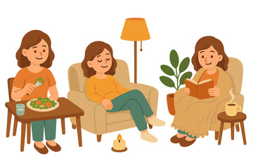 Relaxing Evening Routine with Healthy Dinner, Comfortable Relaxation in Armchair, and Cozy Reading Time at Home, Vector Cartoon Illustration with Transparent Background