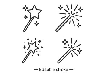 Magic wand line icon set. Editable stroke vector illustration collection. Wizard, fairy, fantasy symbol with star and sparkles. Simple outline pictogram for web and apps.