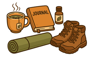 Relaxing moments with herbal tea, journal, essential oil, yoga mat, hiking boots for self-care and wellness activities, cartoon vector illustration with transparent background