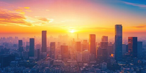 A high-tech city at sunset, featuring self-sustaining skyscrapers and clean air