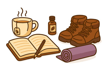 Relaxing moments with herbal tea, journal, essential oil, yoga mat, and hiking boots for mindful self-care and wellness activities, vector cartoon illustration