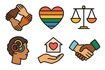 Vector icon set of diversity, equity, and inclusion symbols. Concepts of racial equality, lgbtq pride, mental health, justice, and community support. Multicultural teamwork.
