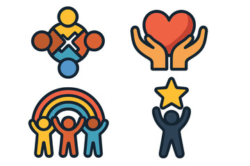 Set of icons for teamwork, diversity, and charity. Vector symbols for inclusion, collaboration, love, care, and achievement. Community support, success, and goal concept.